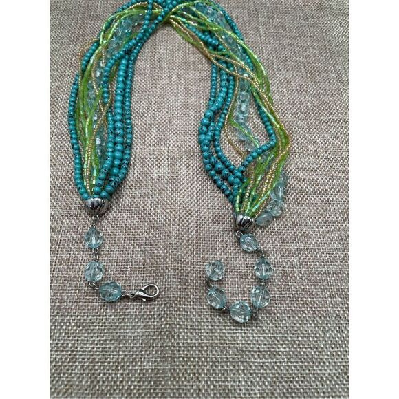 VINTAGE IRIDESCENT GREEN SEED BEADS MULTI-STRANDS TORSADE NECKLACE - Picture 5 of 7